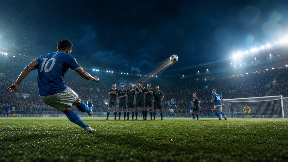 A cinematic football free-kick under stadium lights for Talafutipolo articles.